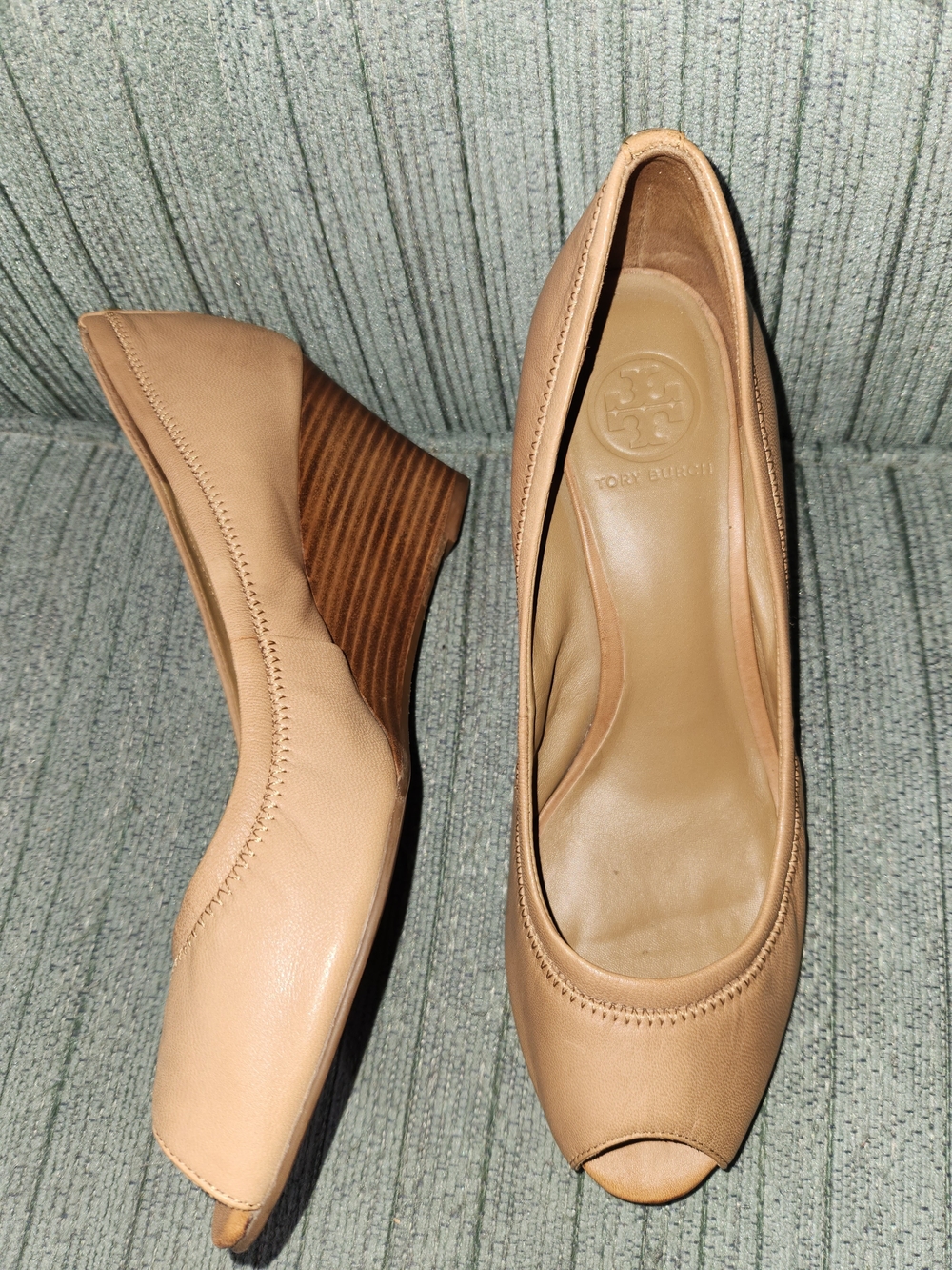 Tory Burch Beige Leather Peep-Toe Wedge Pumps